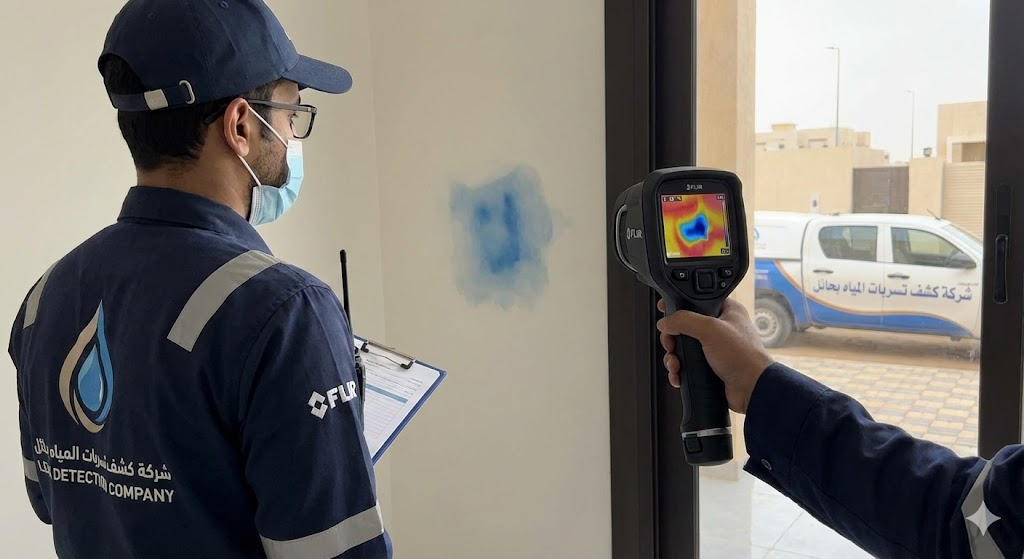 مهندس شركة كشف تسربات المياه بحائل يستخدم الكاميرا الحرارية للفحص