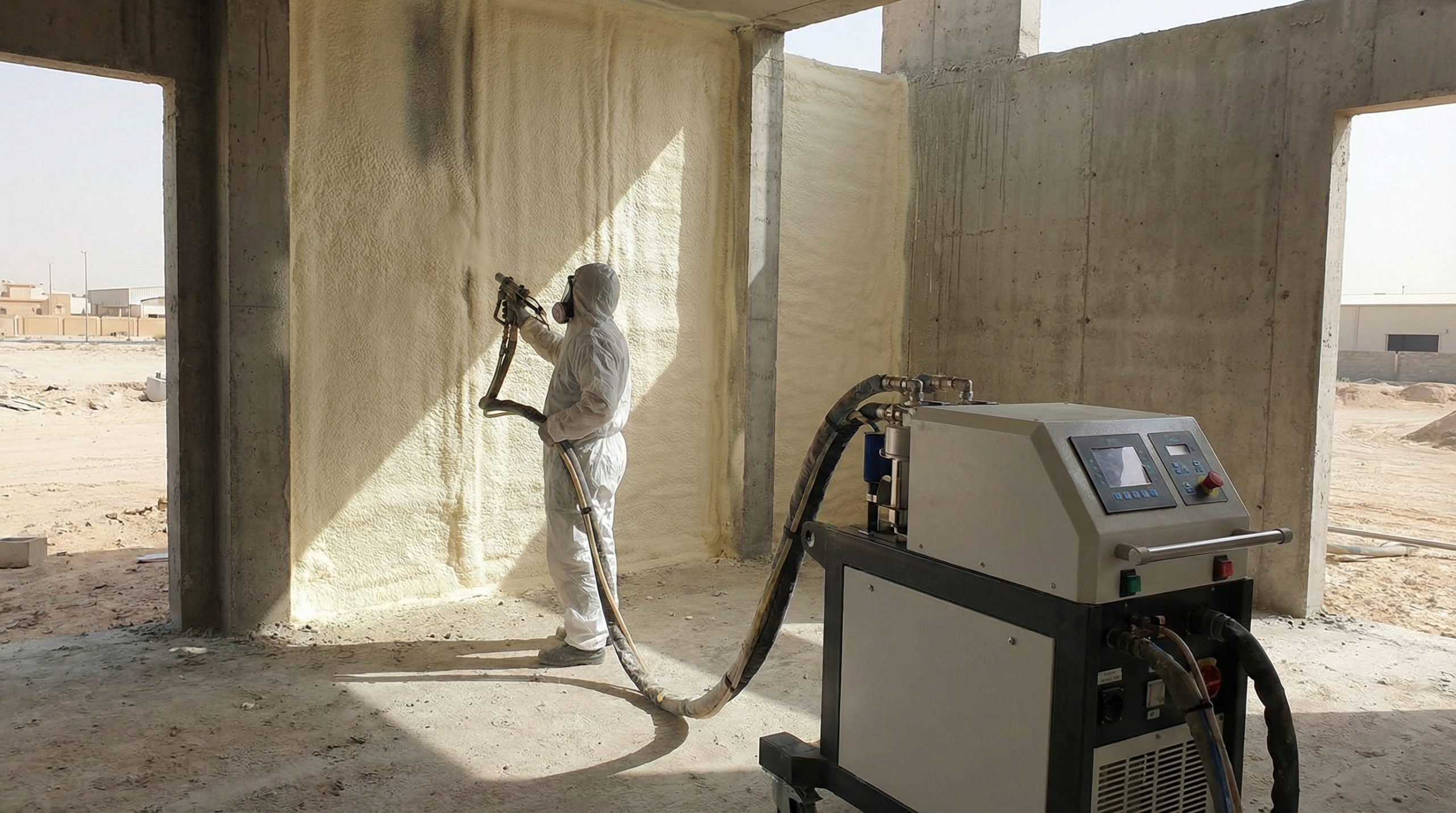 عملية رش العزل من خلال شركة عزل فوم بالدمام بأحدث الماكينات