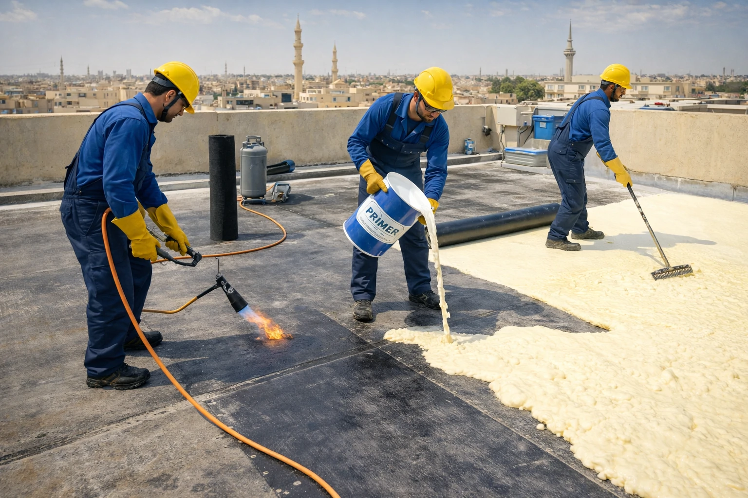 فريق عمل شركة عزل اسطح بالدمام يقوم بتجهيز السطح للعزل المائي والحراري